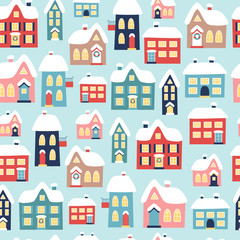 Winter Christmas seamless pattern with houses. Vector