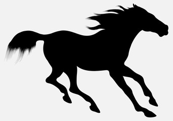Black vector silhouette of horse with long mane, galloping free. Clip art and design element for equine industry. Emblem of an agricultural animal.