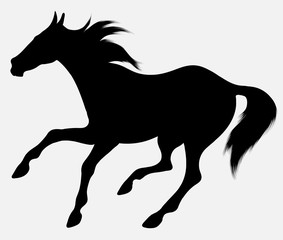 Black vector silhouette of horse with long mane, galloping free. Clip art and design element for equine industry. Emblem of an agricultural animal.