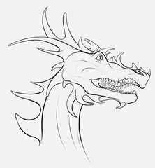 Linear head of a dragon with grinning mouth. Portrait of winged snake, mythological character of fairy tales. Fantastic creature growls.