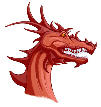 Head of a red dragon with grinning mouth. Portrait of winged snake, mythological character of fairy tales. Fantastic creature growls.
