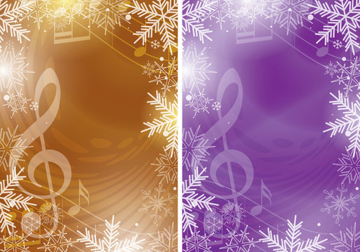 dark gold and violet vector flyers with music notes and snowflakes - christmas backgrounds