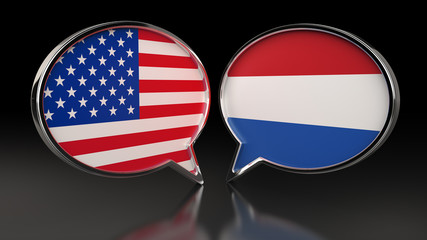 USA and Netherlands flags with Speech Bubbles. 3D illustration