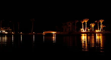 Handdoek met foto Stad aan het water Night panorama with view of illuminated palm trees on seacoast of Hurghada. Tropical resort  © alexmak