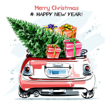 Hand drawn stylish red car with cute christmas gift boxes and fir tree. Beautiful new year set. Sketch.