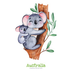 Australia watercolor set.Cute koala with baby on eucalyptus tree.Watercolor  animals.Perfect for wallpaper,print,packaging,invitations,Baby shower,patterns,travel,logos etc