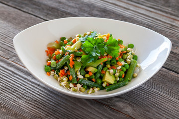Vegetarian food: Beautiful delicious salad with avocado, broccoli, carrot, green peas, green beans with sprouted seeds.