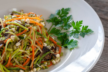 Vegetable noodles from zucchini, carrots, cucumbers, mushrooms, sprouted seeds with lemon juice and garlic oil.