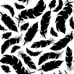 Flat style black bird feathers on white background seamless vector. Decoration contour elements