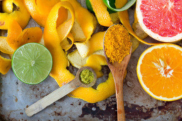 Citrus peels, orange, lemon and grapefruit