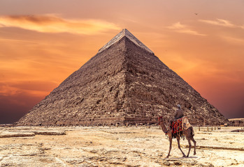 The Pyramid of Khafre or of Chephren at sunset, is the second-tallest and second-largest of the...