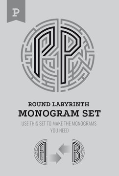P letter maze. Set for the labyrinth logo and monograms, coat of arms, heraldry.