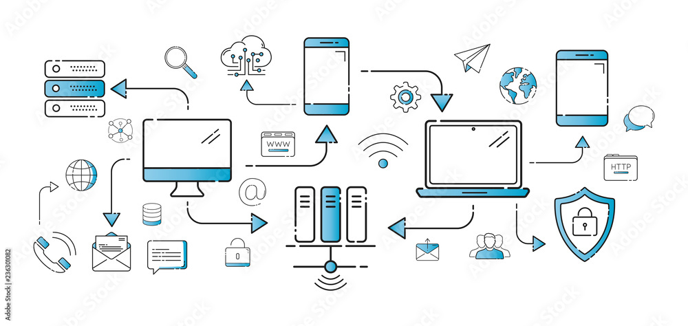 Poster multimedia tech devices and icons thin line connection