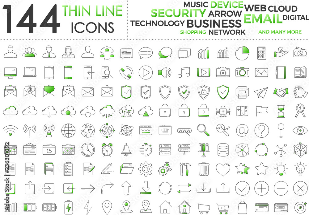 Canvas Prints black and green business thin line icons set on white background