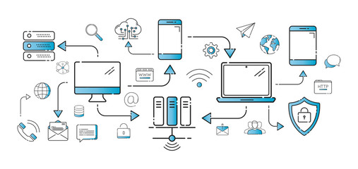 Multimedia tech devices and icons thin line connection