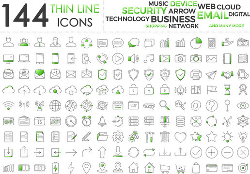 Black and green business thin line icons set on white background