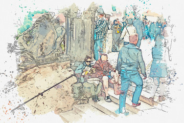A watercolor sketch or an illustration. Tired man and woman or tourists sit on the stairs and relax. Other people are engaged in daily activities. Prague.