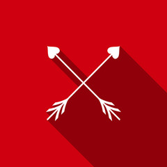 Crossed Cupid arrow heart, Valentines Day cards element icon isolated with long shadow. Flat design. Vector Illustration