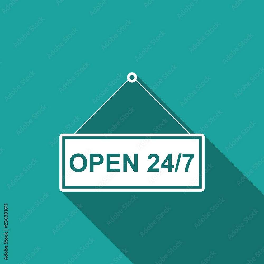 Poster hanging sign with text open 24-7 hours icon isolated with long shadow. business theme for cafe or re
