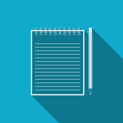 Blank notebook and pencil with eraser icon isolated with long shadow. Flat design. Vector Illustration