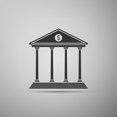 Bank building icon isolated on grey background. Flat design. Vector Illustration