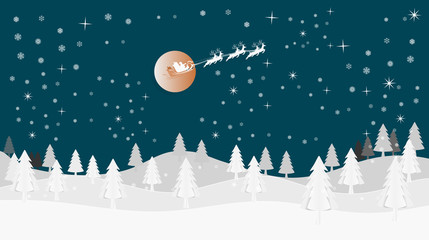 Fototapeta na wymiar Vector illustration graphic design of Santa Cross sits on a snowmobile with a reindeer on the sky in front of the full moon on Christmas night with snow falling.