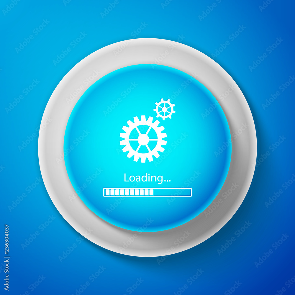 Poster white loading and gear icon isolated on blue background. progress bar icon. system software update. 