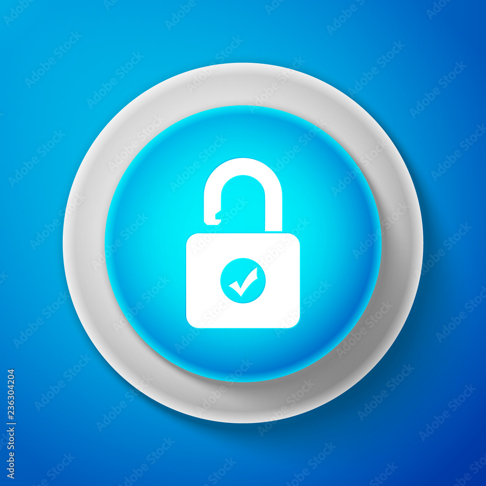 Poster white open padlock and check mark icon isolated on blue background. security check lock sign. circle