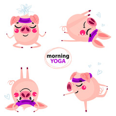 Set of cute cartoon pigs. Funny pig doing yoga.  Vector illustration for calendar, card, banner, postcard.