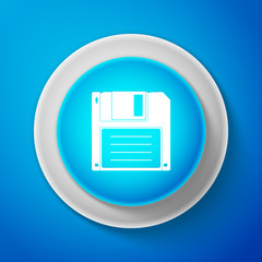 White Floppy disk for computer data storage icon isolated on blue background. Diskette sign. Circle blue button with white line. Vector Illustration