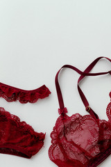 Handmade women's underwear. Red lacy lingerie on white background. Place for text.