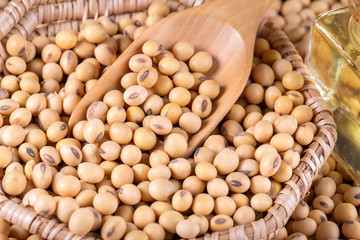 Soybean oil on a wooden background. rustic style