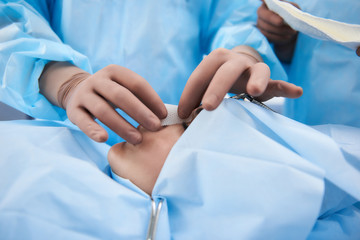 Close up photo of plastic surgeon imposing bandage for patient after surgery