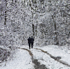 Digital Art with fine brush strokes: couple walk on pedestrian path in the wood covered by snow in wintertime