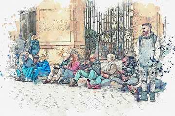 A watercolor sketch or an illustration. Different people, tourists and locals rest on the city street in Prague.