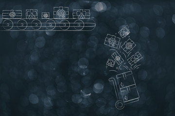presents on production line falling into delivery parcels on cart