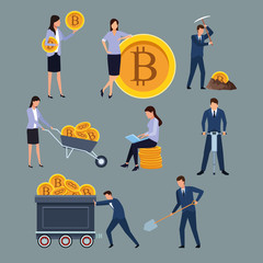 set of digital mining bitcoin man and woman