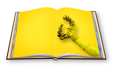 Hand holds a laurel wreath - Success and fame concept image with copy space - 3D rendering concept...