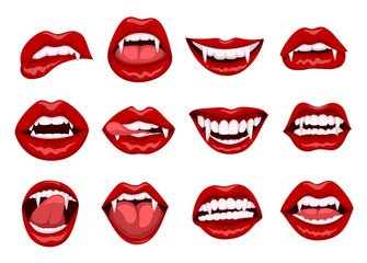 Female red vampire lips with bite fangs - obrazy, fototapety, plakaty