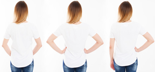 collage three woman in tshirt isolated on white background, girl t shirt