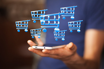 man hand phone with basket