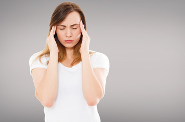headache woman with closed eyes isolated on grey background, healthcare pain symptoms,copy space