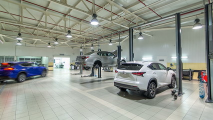 Cars moves on lifts in modern service station and men repair cars timelapse hyperlapse.