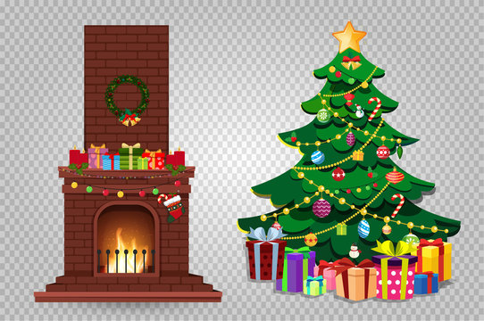 Cartoon Christmas Set Of Decorated Burning Fireplace And Fir Tree With Presents Clip Art.