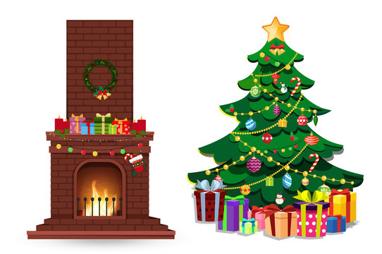 Cartoon christmas set of decorated burning fire place and fir tree with gifts on white.