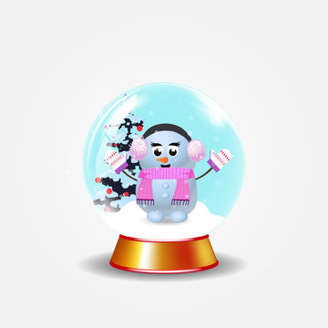 recommend clip art: Christmas, new year crystal snow globe with cute snowman girl on white