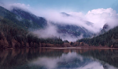 mountain reflection in lake picture vintage style
