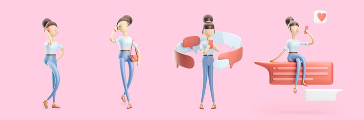 cartoon character is sending a message and  talking on the phone. set of 3d illustrations