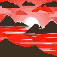 Fototapeta na wymiar Abstract image of sunset, dawn sun and river in the mountains. Creative design in bright colors. Vector illustration.