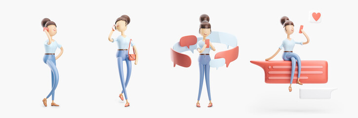 cartoon character is sending a message and  talking on the phone. set of 3d illustrations